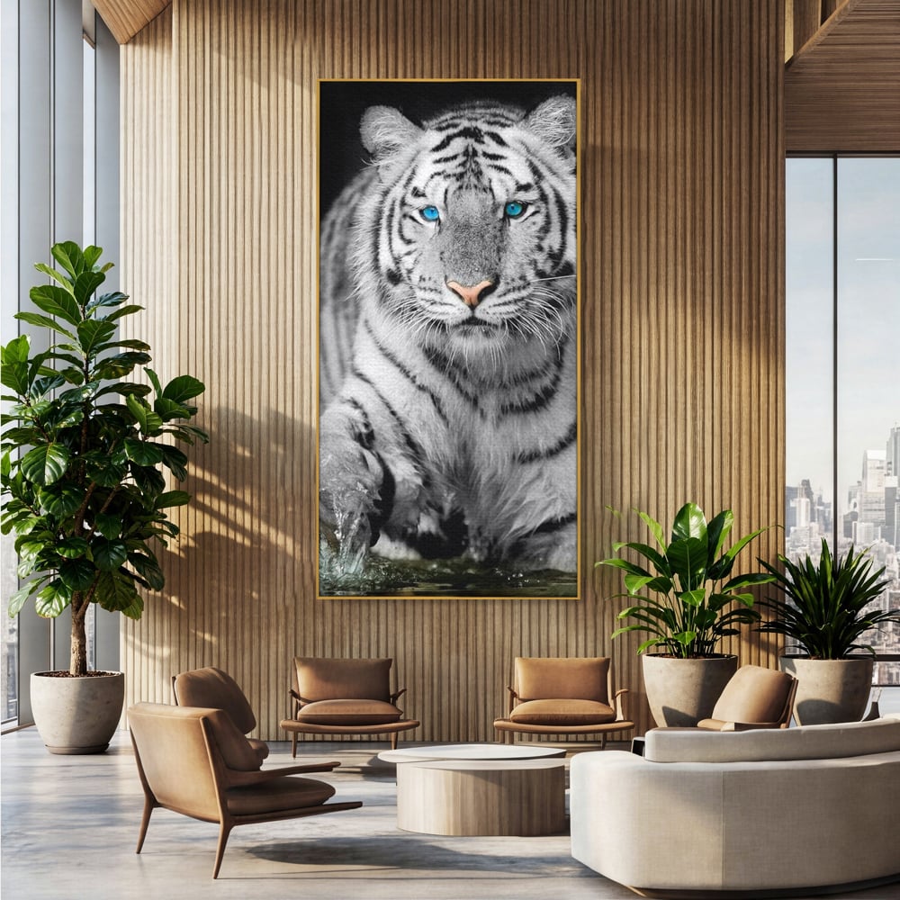 Tablou canvas cu tablou canvas cu tigru alb, in rama de aluminiu auriu, pe perete intr-un birou